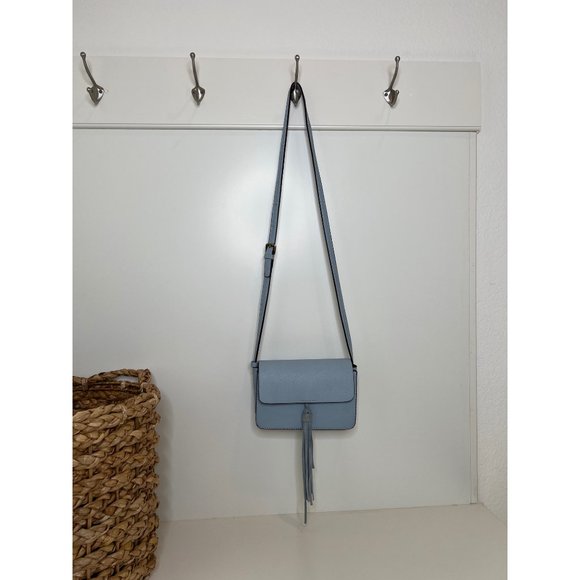 Anthropologie blue vegan shoulder handbag with tassel adjustable strap - Picture 2 of 11
